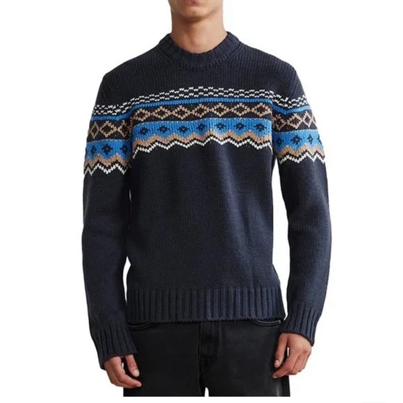 New NN07 No Men Size L Stein Crewneck Sweater Knit Blue Fair Isle